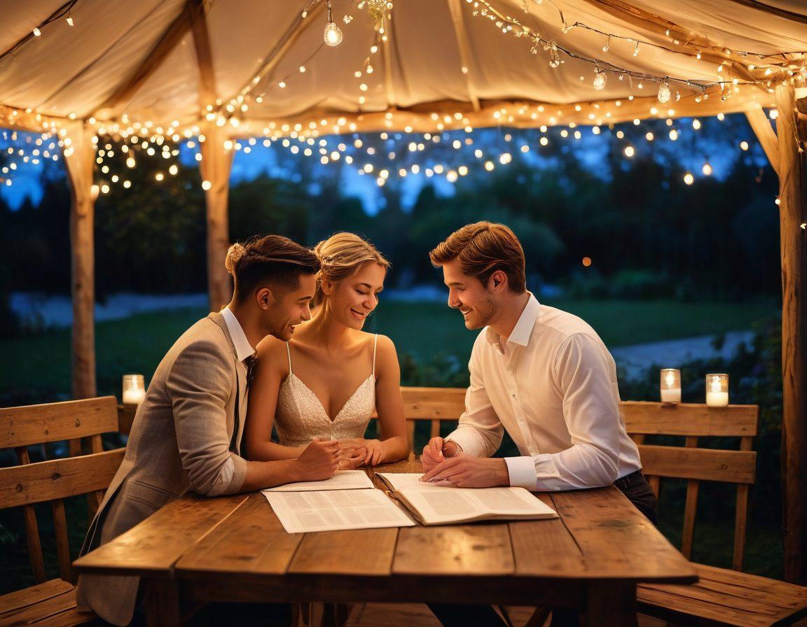 A cozy, intimate scene of two diverse couples sharing a moment under a tent adorned with fairy lights, discussing together over a table filled with various insurance policy documents. Include elements that symbolize love, trust, and security, like heart-shaped icons or locks. The background should suggest a romantic evening with soft lighting and floral decorations. super-realistic. warm tones. soft focus.