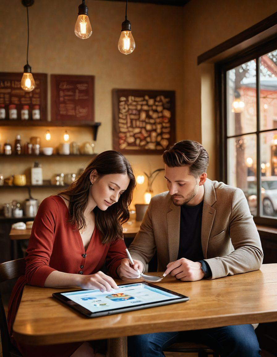 A romantic couple sitting together at a cozy café, reviewing a smart insurance plan on a tablet, surrounded by symbols of stability like a house and a savings jar. Soft lighting enhances the warmth of the scene, while subtle financial graphs float in the background, symbolizing security. The ambiance should blend romance with financial savvy. warm tones. super-realistic. vibrant colors.