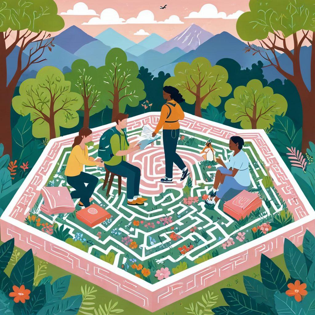 A whimsical illustration featuring diverse couples in various relationship dynamics, surrounded by an intricate maze symbolizing the complexities of insurance coverage. Each couple is engaged in a different activity that reflects their unique bond, like hiking, cooking, and reading together. Include elements like puzzle pieces and insurance icons subtly woven into the scenery. Soft pastel colors and a lighthearted, playful style enhance the inviting atmosphere. vector art. vibrant colors.